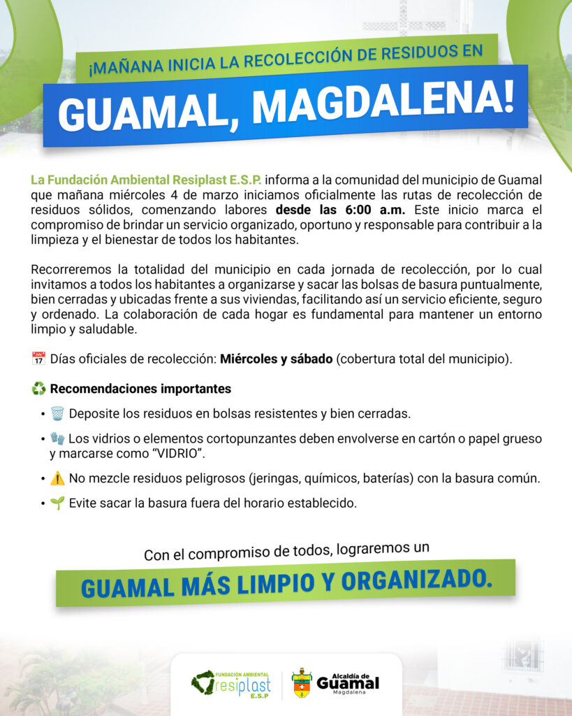 Iniciamos oficialmente la recolección de residuos sólidos en Guamal, Magdalena